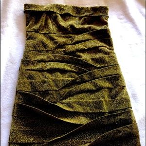 Gold glitter strapless party dress